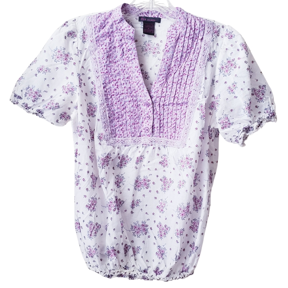 Vintage Fire Los Angeles White Purple Floral Skirt Sleeve Top